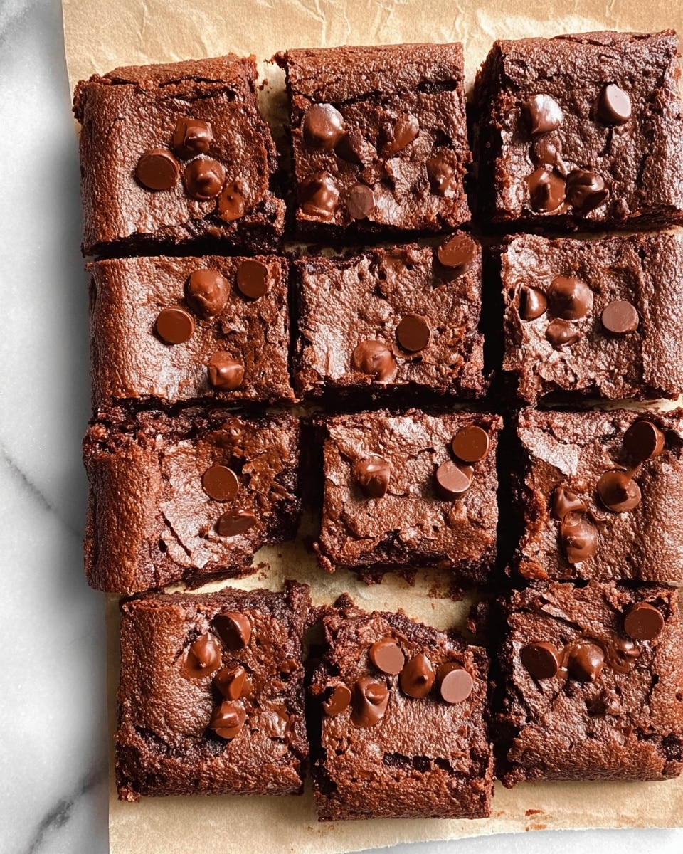 The image shows a tray with 12 chocolate brownies laid out in a grid on a sheet of parchment paper. Each brownie is square with a slightly cracked surface and rich chocolate brown color. Scattered on top of the brownies are shiny, melted chocolate chips in small clusters, adding texture and contrast to the matte brownie surface. The edges of the brownies are more defined and crisp, while the centers look soft and moist. The entire tray is placed on a white marbled surface. Photo taken with an iphone --ar 4:5 --v 7