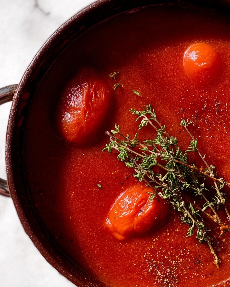 A close-up view of a pot filled with thick red tomato sauce showing three whole bright red peeled tomatoes floating on the surface. On top of the sauce and tomatoes, there is a small bunch of fresh green thyme with delicate leaves, adding texture and contrast. The sauce has a smooth yet slightly chunky texture with visible small spices and bits, and the dark-colored pot edges frame the rich red sauce. The background is a white marbled texture. Photo taken with an iphone --ar 4:5 --v 7