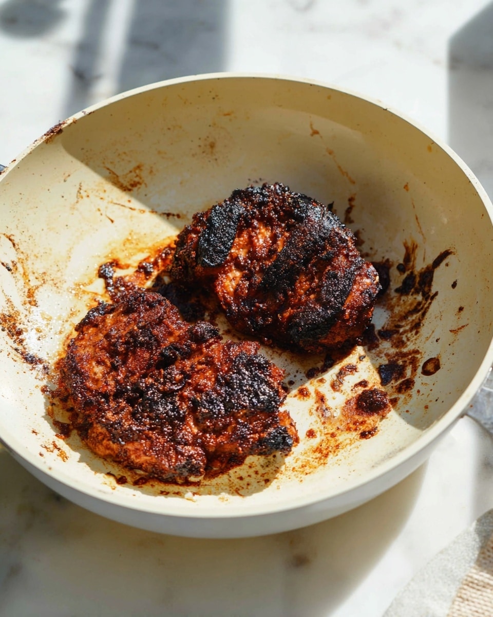 The image shows a close-up of two dark brown, almost blackened pieces of cooked meat with a charred texture sitting inside a creamy white frying pan. The meat has a rough, crispy surface with some reddish-brown areas and small bits of burnt seasoning around them. The pan itself has some oil spots and brown stains, giving it a well-used look. The frying pan is on a white marbled surface with soft natural light casting shadows in the background. photo taken with an iphone --ar 4:5 --v 7
