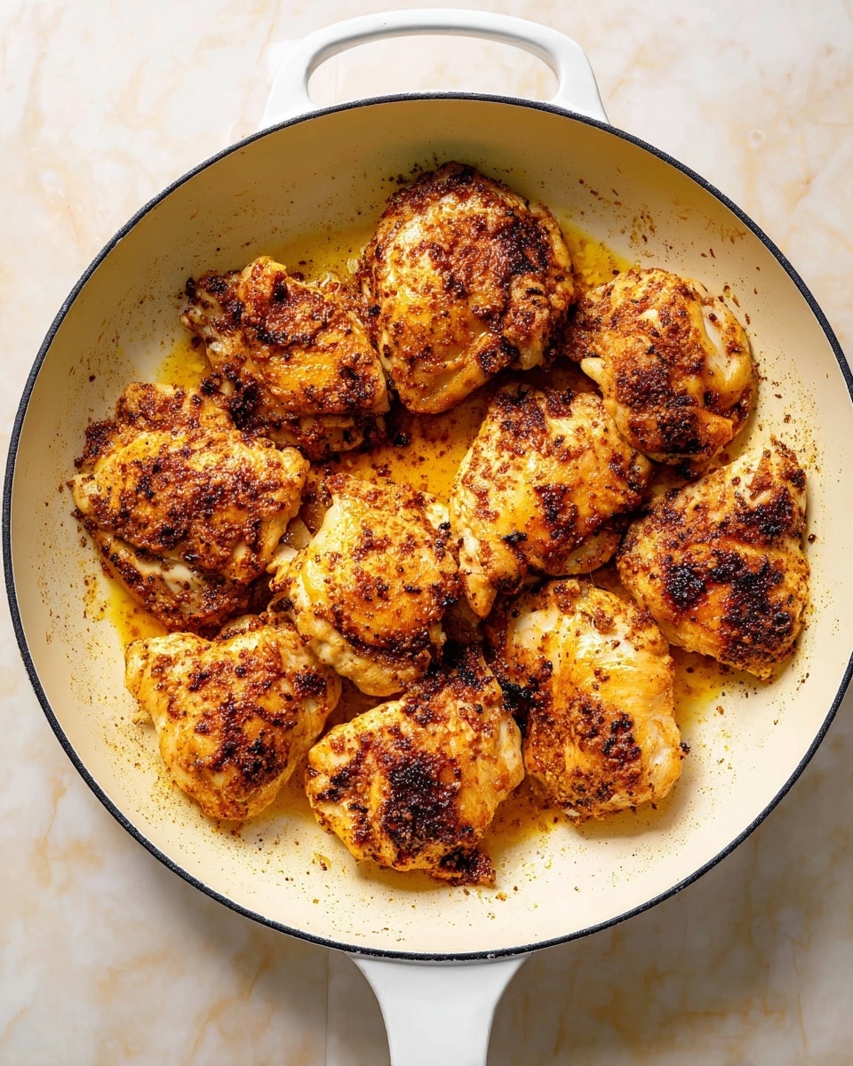 The image shows a white pan filled with ten pieces of golden-brown cooked chicken pieces. The chicken has a slightly crispy surface with dark seasoning spots and some oily glistening around the pieces. The chicken pieces vary in size and shape, spread out evenly in the pan. The pan has a black rim and white handles, placed on a white marbled surface. photo taken with an iphone --ar 4:5 --v 7