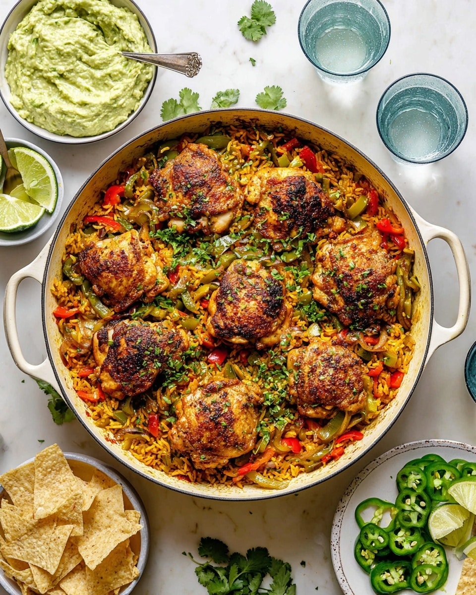A large white pan holds a cooked dish with a base layer of yellow-orange rice mixed with green and red sliced bell peppers and onions, topped with nine browned and spiced chicken thighs spaced evenly on top. Fresh chopped green herbs are sprinkled over the chicken and rice. Surrounding the pan on a white marbled surface are a white bowl of creamy green guacamole with a silver spoon, a white bowl of white sauce, a white plate with sliced green jalapeños and cilantro leaves, some broken white tortilla chips, and two clear glasses of water. The scene is bright and colorful, with a fresh and inviting look photo taken with an iphone --ar 4:5 --v 7