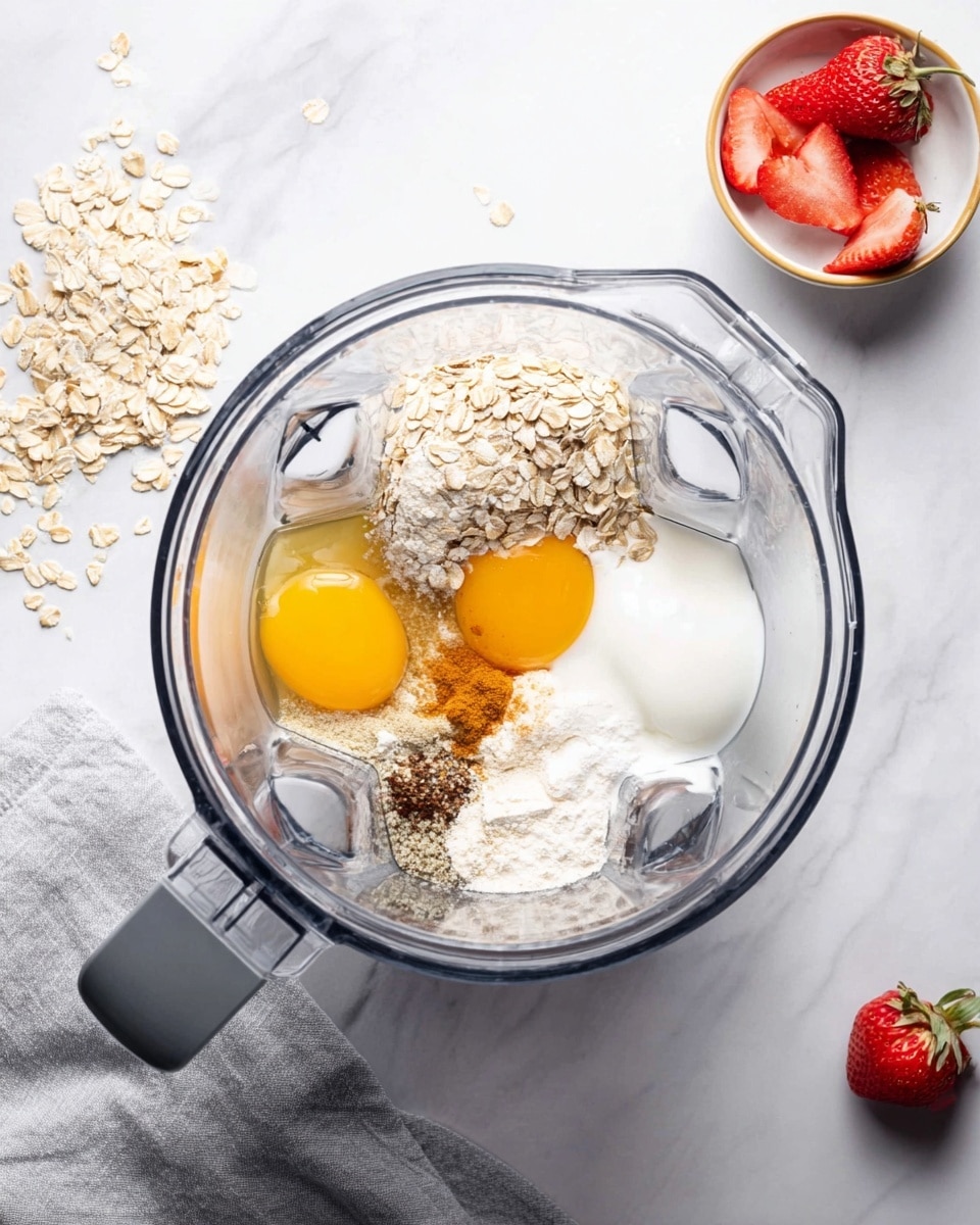 A clear blender jar sits on a white marbled surface, filled with several ingredients layered inside. On the left side, there is a pile of light beige rolled oats. Next to it are two whole cracked eggs with bright yellow yolks surrounded by translucent egg whites. Toward the bottom center, there is a heap of pale beige flour, and scattered around it are small amounts of white powder and brown spices. Some thick white yogurt is placed near the eggs on the right side. Around the blender jar, there is a soft gray cloth on the left and a small white bowl with a gold rim in the top right corner holding bright red strawberries, along with a single strawberry resting directly on the marbled surface. The photo taken with an iphone --ar 4:5 --v 7