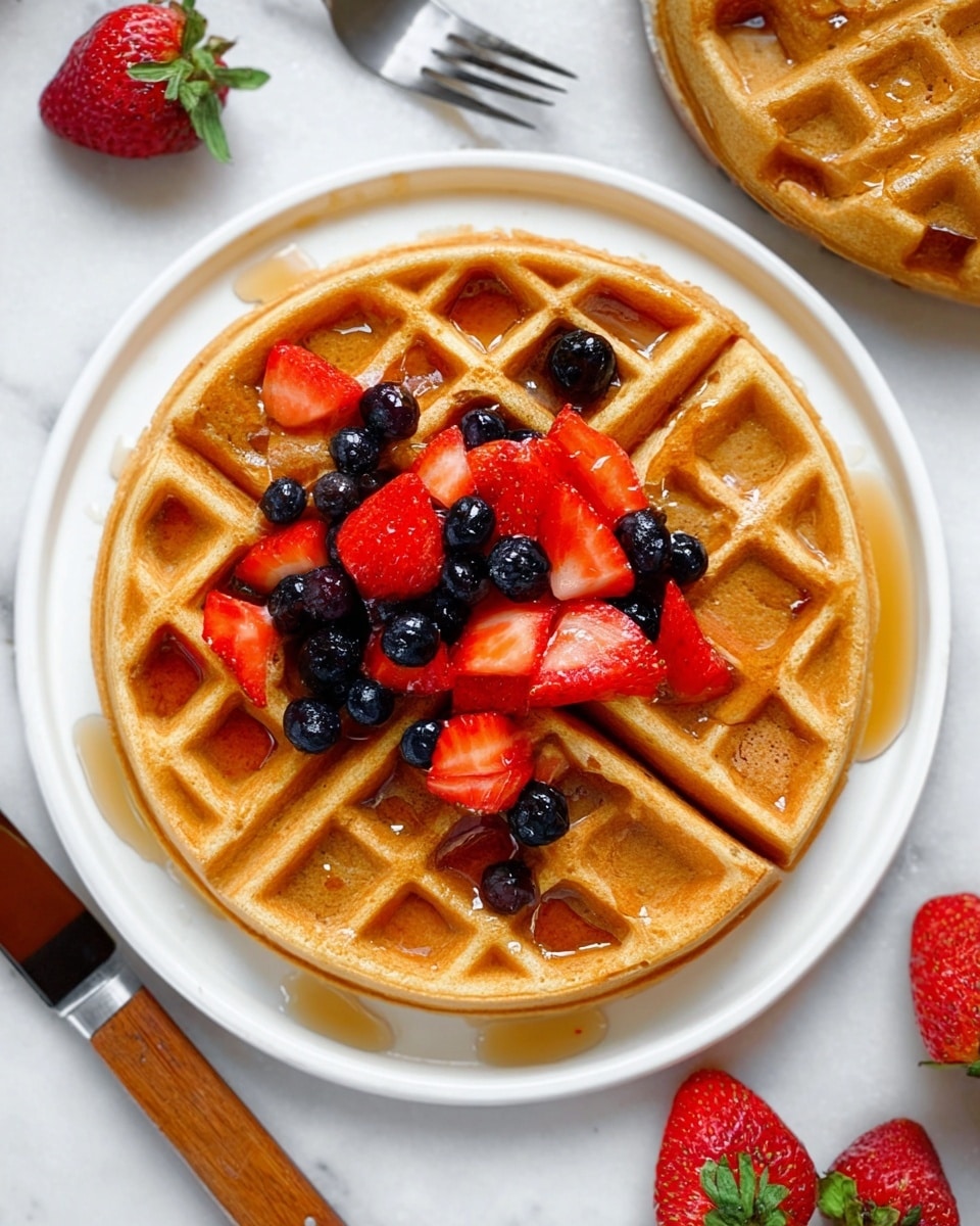 A white plate holds a golden brown waffle divided into four sections, with a small wedge cut out from one section. On top of the waffle, there is a generous pile of fresh red strawberry pieces mixed with whole dark blue blueberries. Clear syrup fills several waffle pockets and drips slightly onto the plate, adding shine. The plate rests on a white marbled surface with part of another similar waffle plate visible at the top right corner, also drizzled with syrup. Nearby, ripe strawberries and a fork with a wooden handle lie on the surface. Photo taken with an iphone --ar 4:5 --v 7
