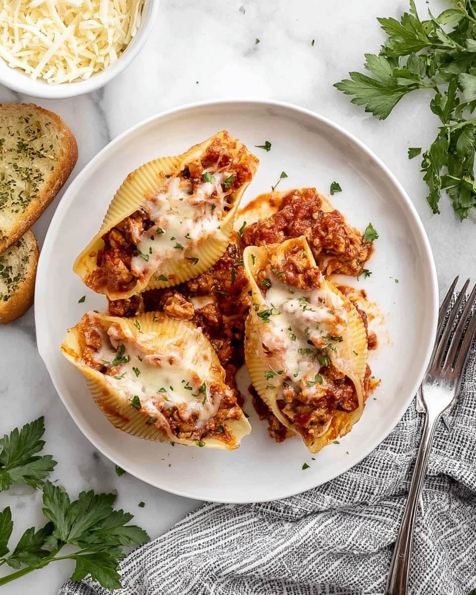 Three stuffed pasta shells are served on a white plate, each filled with a rich, chunky meat and tomato sauce visible through the folded pasta. The shells are topped with melted mozzarella cheese, slightly browned and bubbly, with bits of green parsley sprinkled on top and around the plate. The white marbled surface beneath the plate holds a bowl of shredded mozzarella cheese in the top left corner and a piece of garlic bread sprinkled with herbs on the left side. Fresh green parsley leaves are placed to the right of the plate, and a silver fork rests near the bottom right corner. A gray and white striped cloth is partially visible beneath the plate. photo taken with an iphone --ar 4:5 --v 7