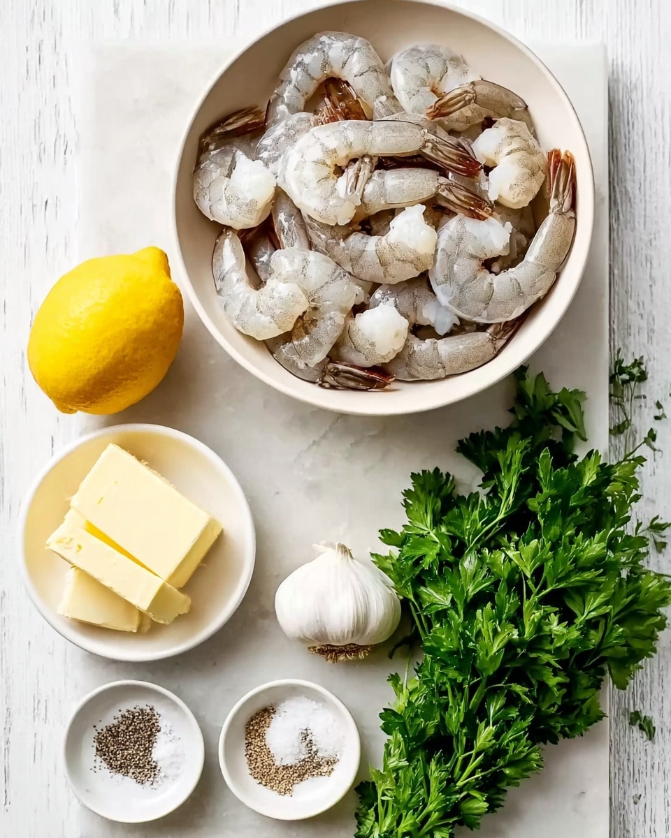 A white bowl filled with raw peeled shrimp with tails on, showing a pale grey and white color with some darker tail tips, placed on a white marbled surface. Next to the bowl, a whole yellow lemon is placed on the left. Below the bowl, there is a bunch of fresh green parsley with many leaves and stems spread out. To the right of the parsley, there is a whole white garlic bulb. Next to the garlic, a small white plate holds coarse salt and cracked black pepper divided neatly in halves. Below that, another white bowl contains several rectangular pieces of pale yellow butter. The overall scene is bright and clean with a simple layout. Photo taken with an iphone --ar 4:5 --v 7