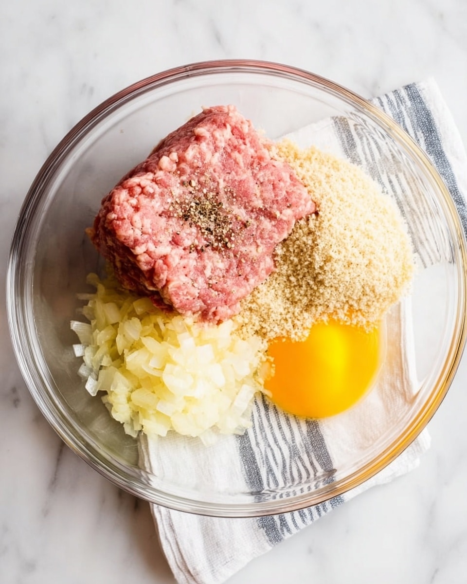 A clear glass bowl holds five layers of ingredients arranged separately: a block of raw, pink ground meat on the left side with coarse texture and visible specks of black pepper; a small pile of finely chopped light yellow onions with some pepper on top sits at the top center; a mound of light beige breadcrumbs with fine grains is on the right; a raw egg yolk, bright yellow with a glossy surface, rests near the bottom right; underneath all these is a folded, white and navy striped cloth visible through the bowl; the bowl is placed on a white marbled surface photo taken with an iphone --ar 4:5 --v 7