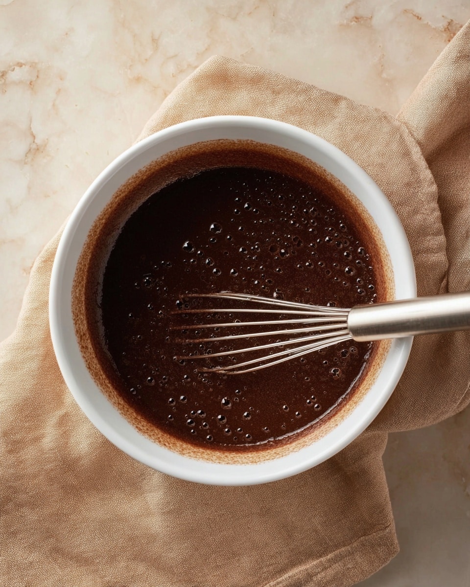 A white bowl filled with dark brown, smooth chocolate batter with small bubbles on the surface, a silver whisk partially inside the batter resting at the right edge of the bowl, all placed on a soft beige cloth on a white marbled surface photo taken with an iphone --ar 4:5 --v 7