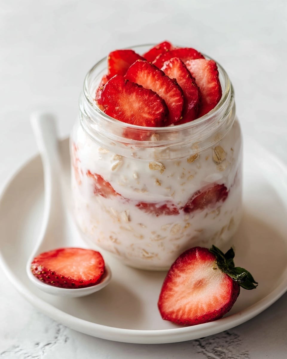 The image shows a clear glass jar filled with creamy white yogurt mixed with oatmeal and pieces of strawberries inside. On top of the jar, there is a layer of fresh red strawberry slices arranged neatly, each showing their textured surface and seeds. The jar is placed on a white plate with a white marbled texture background. Next to the jar on the plate, there are a few strawberry slices and half a strawberry resting inside a small white spoon. The colors are mainly white and red, with a soft, fresh, and natural look. photo taken with an iphone --ar 4:5 --v 7