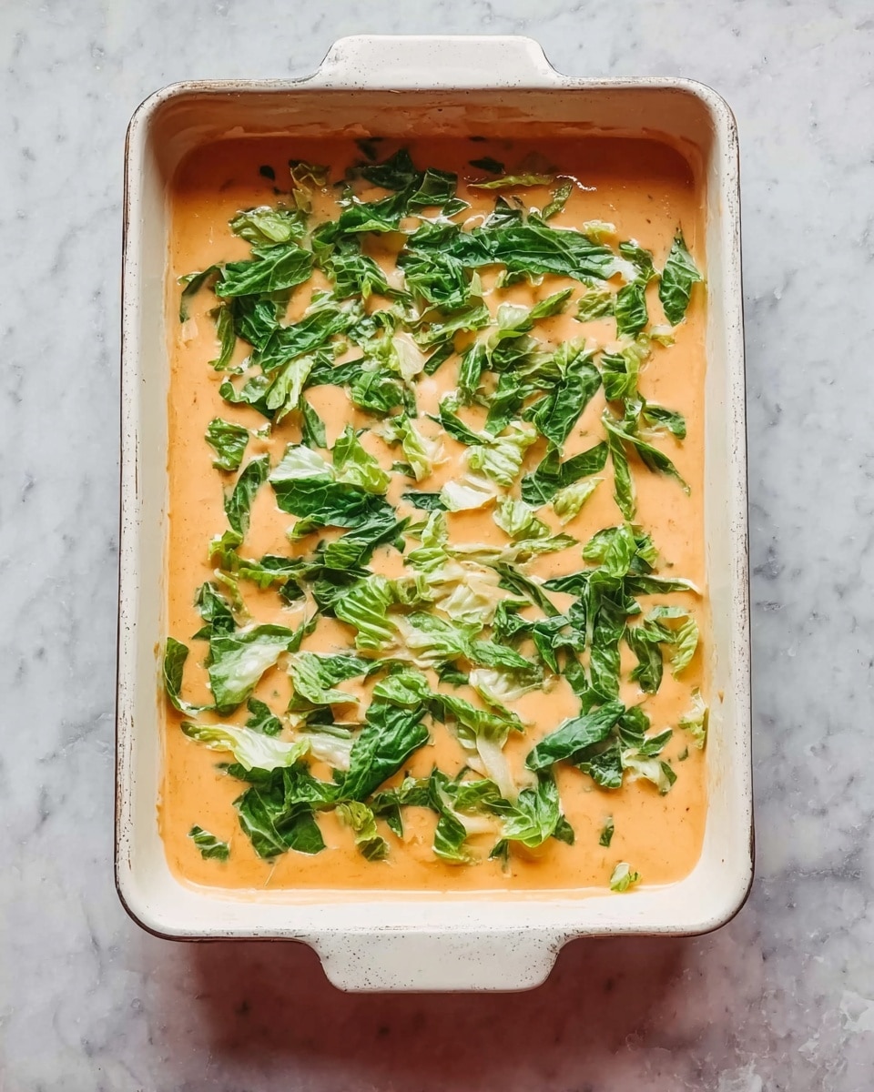 The image shows a white rectangular baking dish filled with a creamy orange sauce layer topped with scattered green leafy pieces, likely fresh lettuce or cabbage, spread unevenly on the surface. The sauce layer has a smooth, thick texture, covering the bottom and sides of the dish. The green leaves add a fresh contrast with their bright color and slightly rough texture. The dish is placed on a white marbled surface, creating a clean and simple background. photo taken with an iphone --ar 4:5 --v 7