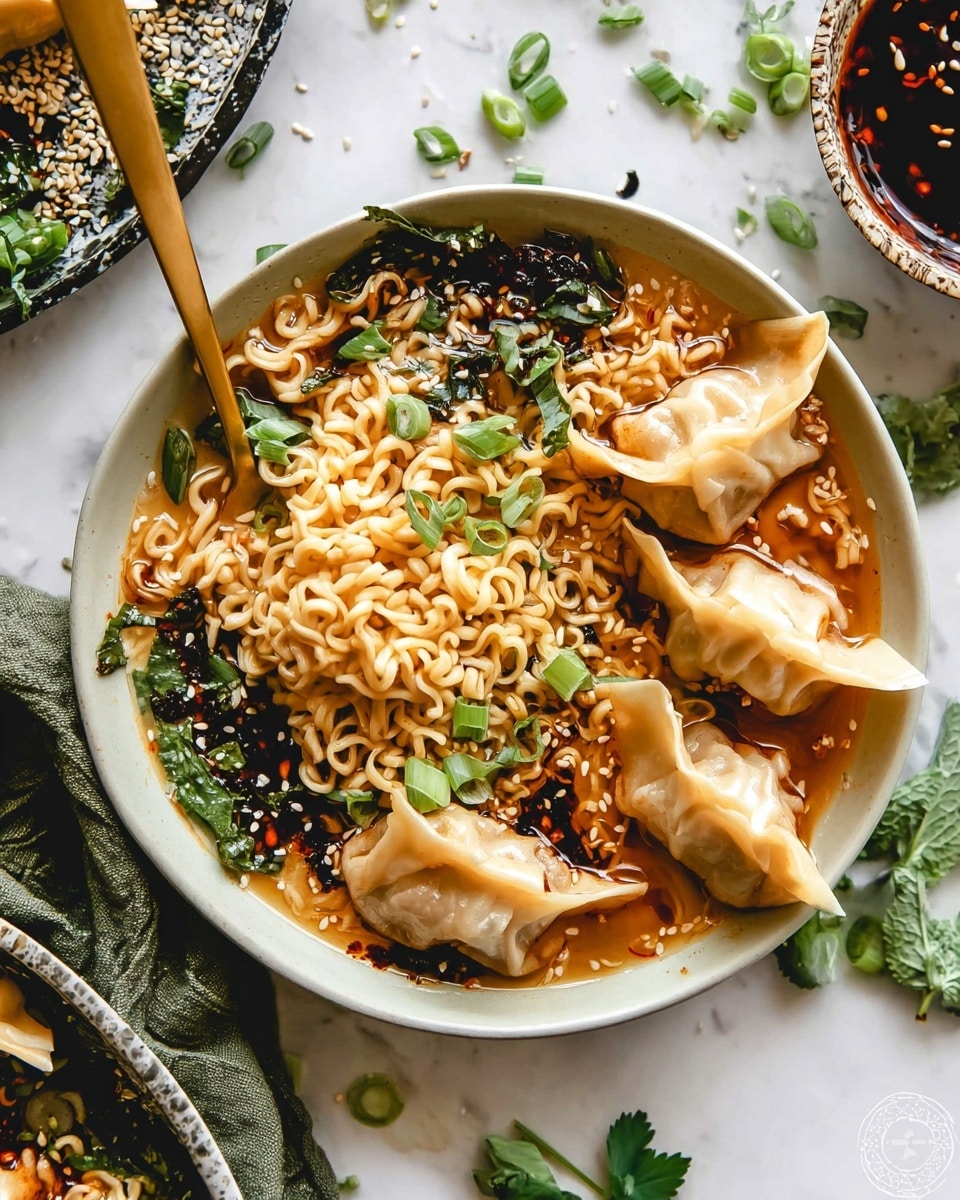 A close-up image showing a white bowl filled with three main layers: the bottom layer is light brown broth, the middle layer is curly yellowish noodles arranged loosely, and on top, five folded dumplings with a soft golden color and slight browning at the edges. Scattered over the dish are dark red chili oil drops, white sesame seeds, chopped green onions, and fresh green herbs. A golden fork is placed among the noodles on the left side. The bowl rests on a white marbled surface with leafy herbs and sesame seeds scattered around. Photo taken with an iphone --ar 4:5 --v 7