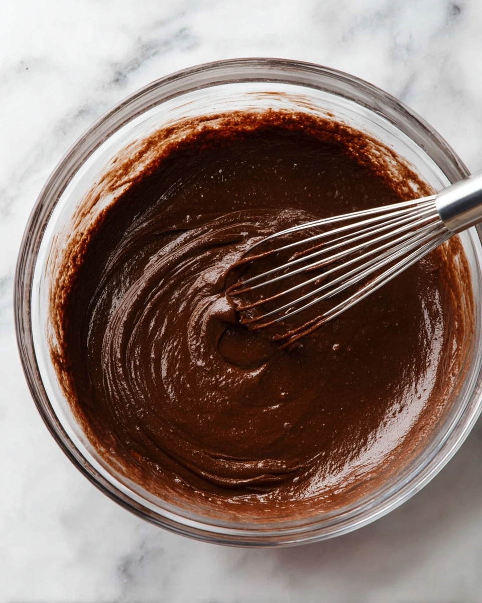 A clear glass bowl filled with thick, smooth, dark brown chocolate batter being mixed with a silver whisk, the batter showing rich texture and slight gloss, all placed on a white marbled surface; photo taken with an iphone --ar 4:5 --v 7