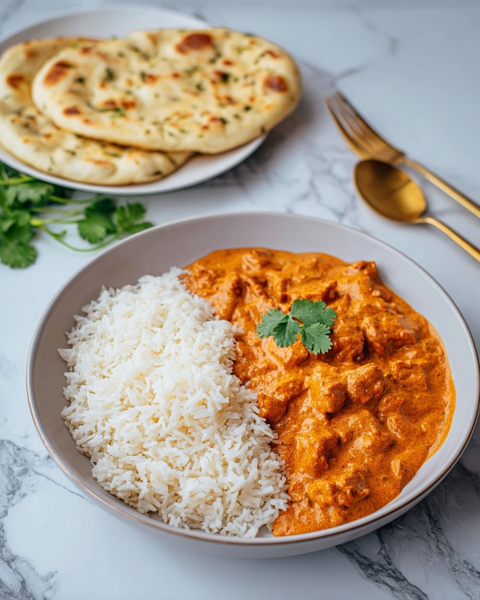 A shallow white plate with two main layers: on the left side, a neat pile of white cooked rice with a soft and slightly sticky texture; on the right side, a thick, creamy orange curry with visible chunks of tender meat and small bits mixed in, topped with a single green cilantro leaf for garnish. Behind the plate, a separate white plate holds two pieces of golden-brown naan bread with light specks of herbs and a slightly toasted texture. The scene is set on a white marbled surface with a gold-colored fork and spoon placed to the right, accompanied by some fresh cilantro leaves. Photo taken with an iphone --ar 4:5 --v 7