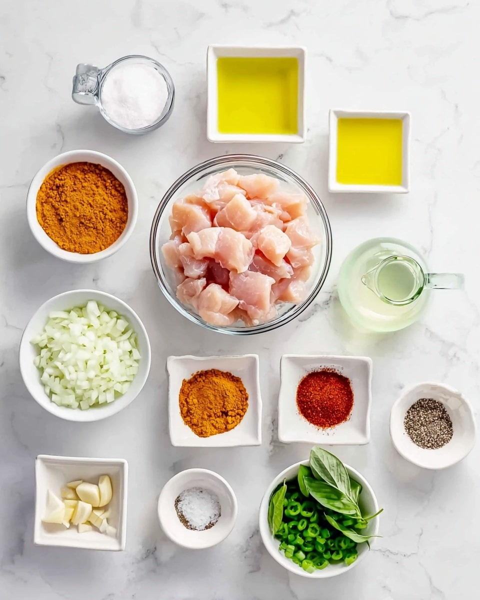 This image shows a top view of raw ingredients neatly arranged on a white marbled surface. In the center, a clear glass bowl holds cubed light pink raw chicken. Around it are small white bowls and containers: the top row features a bowl of white sugar, a glass jug of light yellow liquid, a square white dish of yellow oil, and another square white dish filled with bright orange curry powder; next to them, a round white bowl contains chopped white onions. Below the chicken bowl, from left to right, are a small white bowl with minced garlic, a round white bowl with reddish-brown chili powder, a square white dish of chopped green peppers, and a square white dish of fresh green basil leaves. There are also small white bowls of salt and black pepper powder near the chicken bowl. The setting is clean, bright, and organized in a grid-like pattern. Photo taken with an iphone --ar 4:5 --v 7