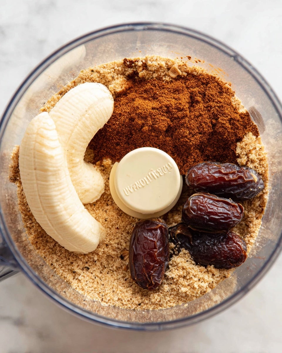 Inside a clear food processor bowl, the bottom layer is finely ground light brown nuts. On top of this, toward the middle, there is a pile of medium brown cinnamon powder. Near the cinnamon, on the right side, are four large dark brown dates with a glossy texture. On the left side of the bowl, two whole peeled bananas with a smooth pale cream surface rest side by side. The food processor lid center, pale beige in color, is visible in the middle of the bowl. The background is a white marbled surface. Photo taken with an iphone --ar 4:5 --v 7