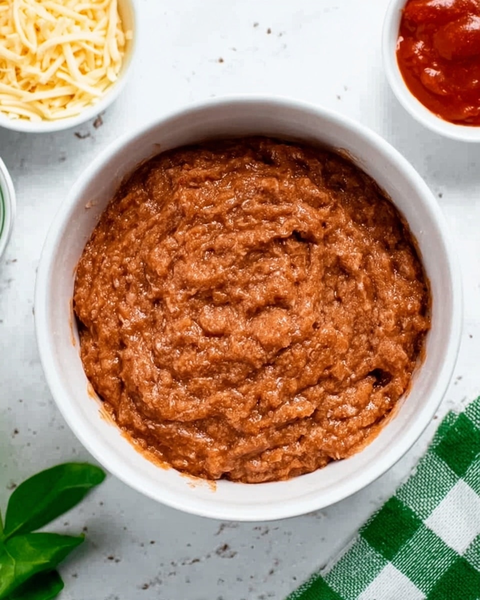 A close-up of a white bowl filled with a thick, chunky brown mixture that looks soft and textured, spread evenly to cover the bowl’s bottom. Next to the bowl on a white marbled surface, there is a small white bowl with shredded light-yellow cheese and another small white bowl filled with bright red sauce, both placed neatly near the top right edge of the image. A green and white checkered cloth is partially visible in the bottom right corner, and a few fresh green leaves appear in the top left corner, adding a fresh touch. Photo taken with an iphone --ar 4:5 --v 7