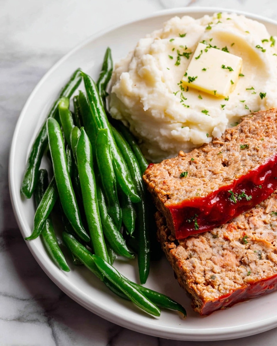 A white plate holds three parts: on the left side are bright green cooked green beans with a smooth texture, piled close together. In front of the green beans, there are two thick rectangular slices of meatloaf stacked slightly on top of each other, with a light brown, crumbly texture and a layer of red sauce on top. On the right side of the plate is a large scoop of white mashed potatoes, soft and creamy, topped with a small square of melting butter and sprinkled with tiny green herbs. The plate is set on a white marbled surface. photo taken with an iphone --ar 4:5 --v 7