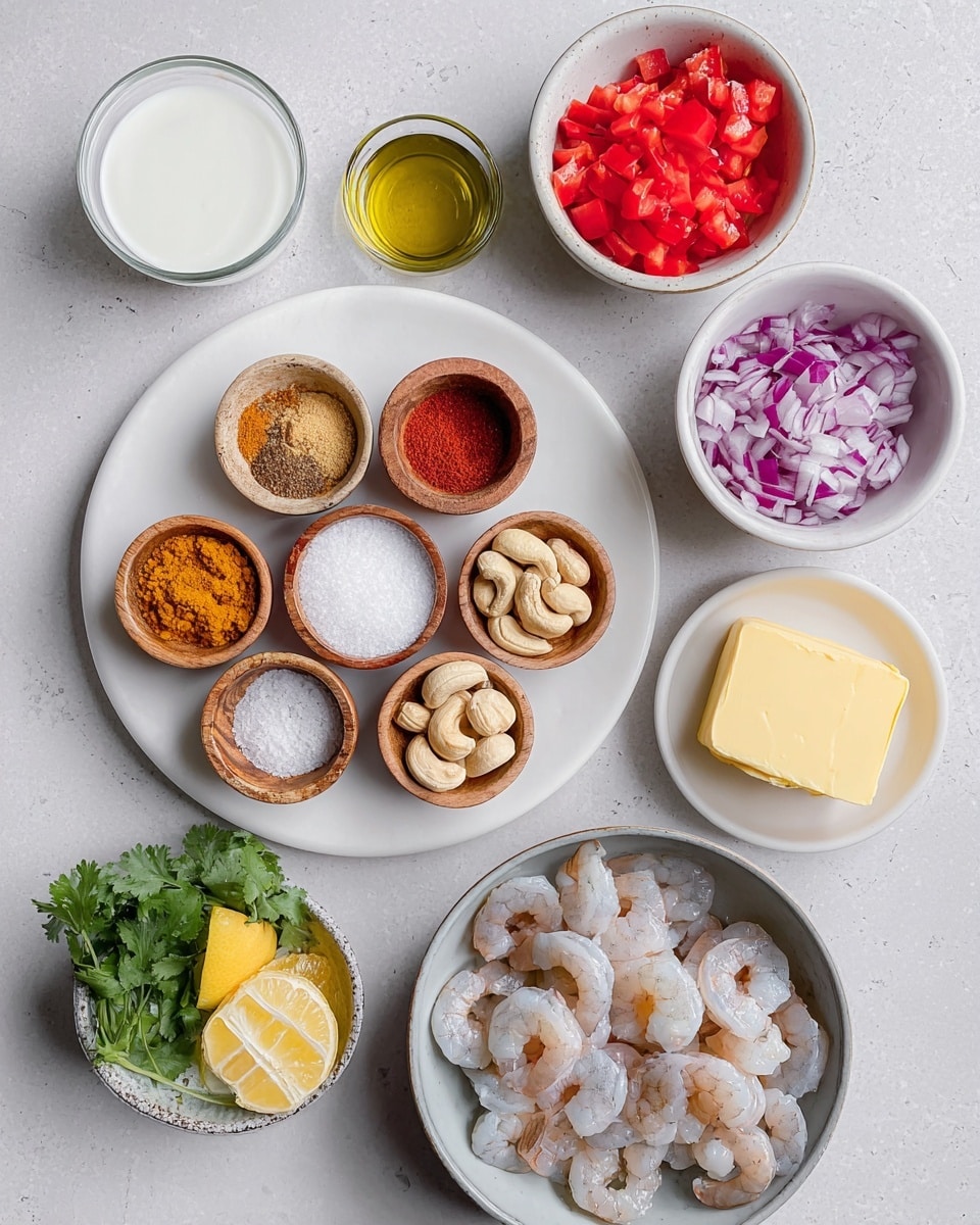 The image shows various cooking ingredients placed on a white marbled surface. In the center is a white plate holding small bowls arranged in a circle: minced garlic and ginger in wooden bowls, white salt, red and brown spices, cashew nuts, a small glass of oil, and a small glass of white cream. To the top right of the plate is a white bowl filled with chopped red onions, and above that is another white bowl with chopped red tomatoes. To the right of the plate is a white bowl with a thick piece of yellow butter. Below the plate, there is a small white dish with lemon wedges and fresh green cilantro on top. To the bottom right, there is a gray bowl filled with uncooked, peeled shrimp. The whole setup is clean and organized, and the photo was taken with an iphone --ar 4:5 --v 7