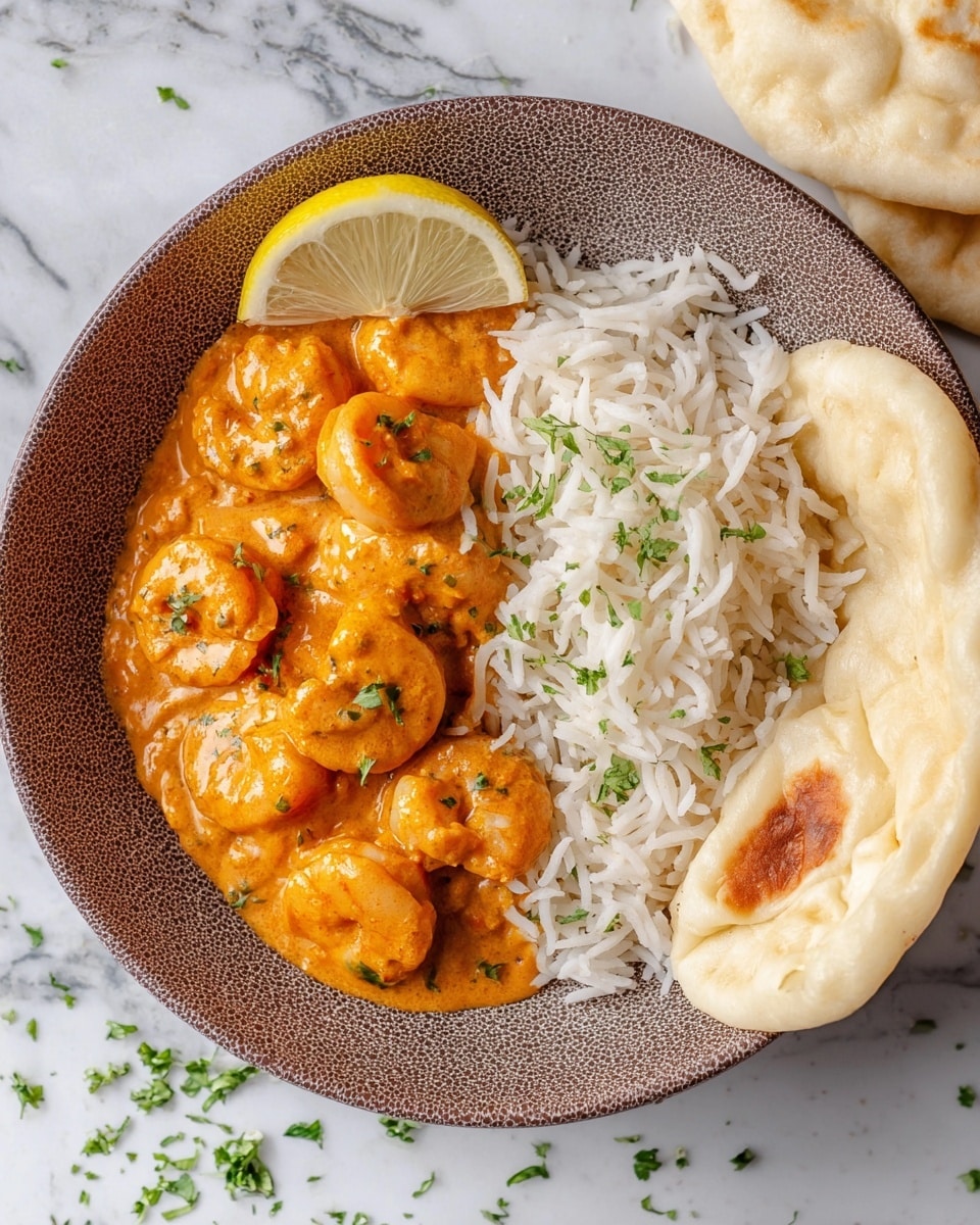 A textured brown bowl holds a dish with three main layers: on the left side, there is a rich orange creamy sauce with round shrimp pieces, lightly sprinkled with small green herb leaves. On the right side, fluffy white rice is topped with a small amount of chopped green herbs, next to a folded piece of soft, pale beige flatbread with a browned spot. A bright yellow lemon wedge sits on top of the rice at the top edge. The bowl is placed on a white marbled surface with scattered green herb pieces. photo taken with an iphone --ar 4:5 --v 7