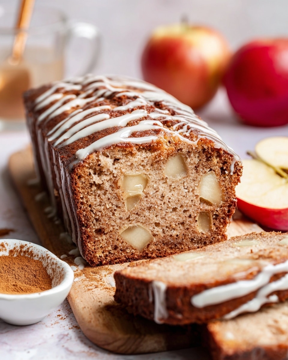 The image shows a sliced apple cake loaf with a light brown inside dotted with small white pieces of apple. The top of the loaf is darker brown and is drizzled with a white icing in thin lines. The front slice is thick and sits on a wooden board. Near the cake, there are pieces of fresh red apple and a small white dish filled with cinnamon powder. In the background, there is a blurred glass cup with a spoon inside, all placed on a white marbled surface. Photo taken with an iphone --ar 4:5 --v 7