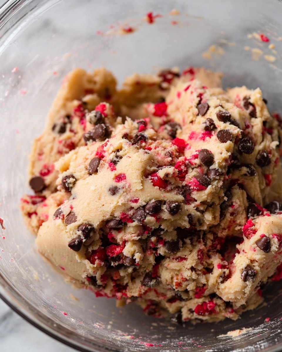 This image shows thick cookie dough inside a clear glass bowl. The dough is light beige with many dark brown chocolate chips and bright red berry bits spread throughout. The dough looks soft and slightly chunky with uneven textures. The mixture fills much of the bowl, and you can see a little bit of flour dust on the inside of the bowl. The background is a white marbled texture photo taken with an iphone --ar 4:5 --v 7