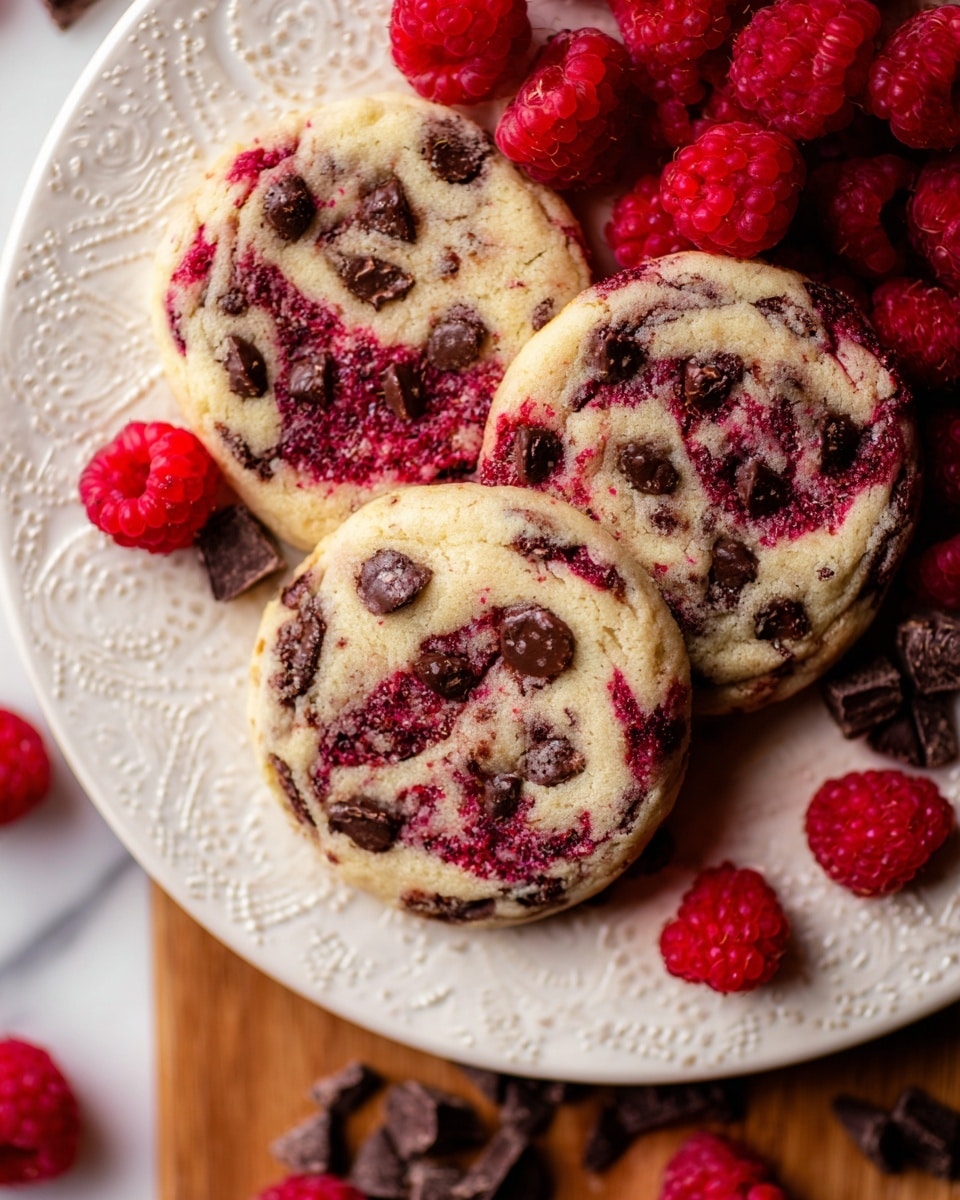 A close-up top view of three round cookies on a white plate with delicate carved patterns, each cookie swirled with bright deep red raspberry bits and dotted with dark brown chocolate pieces, with fresh whole raspberries scattered around and a few extra chocolate pieces on the white marbled surface nearby. The cookies have a soft and slightly crumbly texture with the raspberry swirls ground into the dough. Photo taken with an iphone --ar 4:5 --v 7