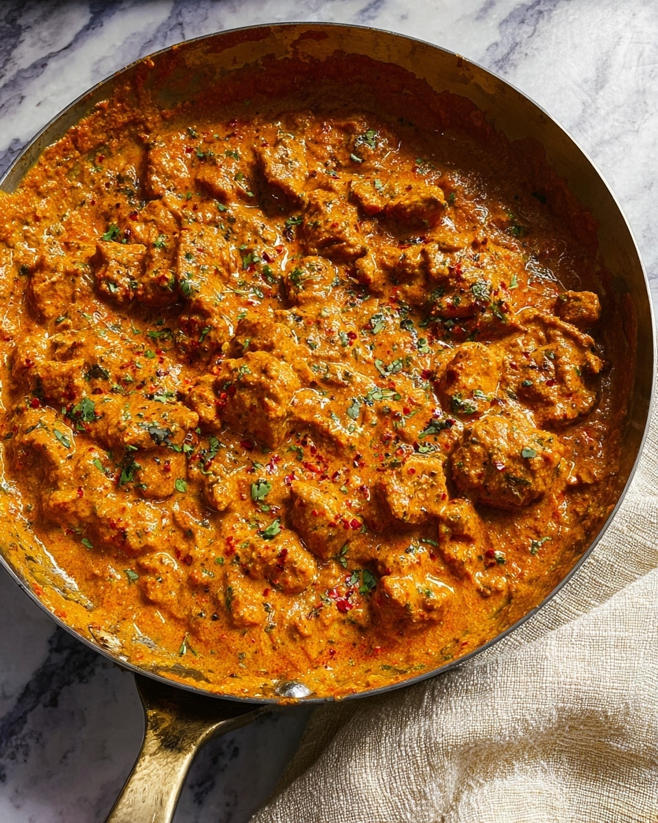This close-up image shows a large pan filled with chunky curry pieces covered in a thick, creamy orange sauce with red and green spices scattered on top for garnish. The curry looks rich and textured with visible bits of herbs and spices. The pan is placed on a white marbled surface, and part of a light beige cloth is visible near the pan’s handle. The colors focus on warm orange and specks of green and red, giving a fresh and spicy look. photo taken with an iphone --ar 4:5 --v 7
