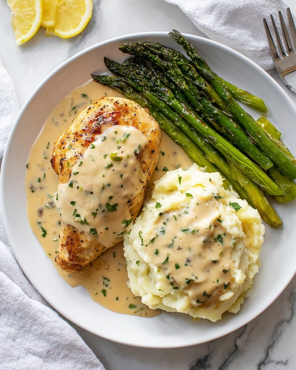A white plate holds three main parts: on the left, a golden brown piece of cooked chicken with a smooth light beige creamy sauce poured over it, sprinkled with small green herbs; on the right side, a mound of creamy mashed potatoes topped with the same beige sauce and green herb bits; at the top right, a small bunch of green roasted asparagus with a slightly charred texture. The plate sits on a white marbled surface with a soft white cloth visible nearby, and two lemon wedges rest off to the side. photo taken with an iphone --ar 4:5 --v 7