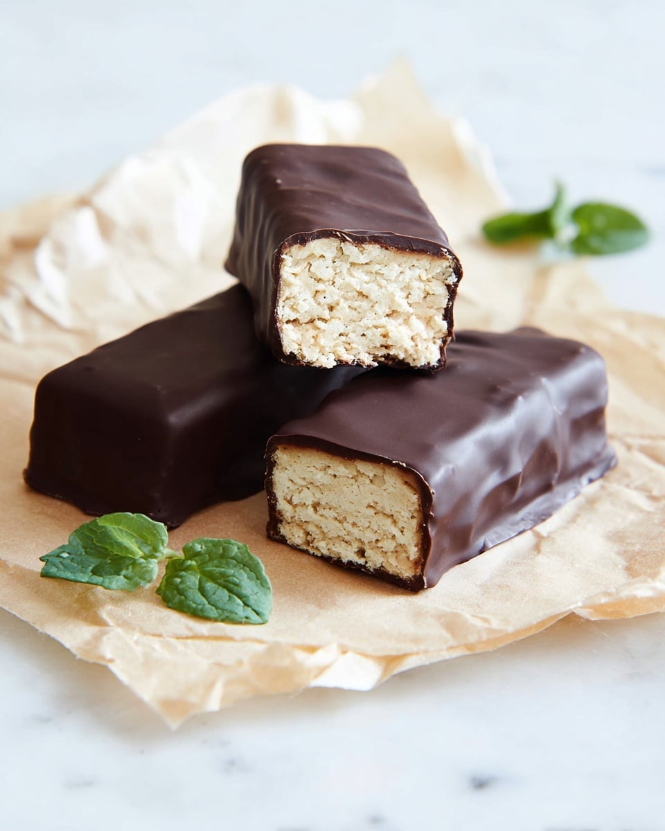 Three thick rectangular chocolate bars are shown on crumpled light brown paper placed on a white marbled surface. Two bars are whole with smooth, dark chocolate coating, while the third bar is broken in half to reveal a pale, crumbly interior with a slightly rough texture. One half of the broken bar is stacked on top of a whole bar, showing a neat contrast between the glossy dark chocolate outside and the light beige filling inside. A few green leaves are scattered gently around the bars, adding a touch of fresh color. The background is simple and white, putting full focus on the chocolate bars. photo taken with an iphone --ar 4:5 --v 7
