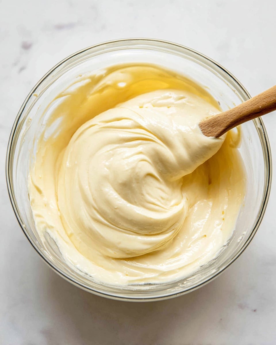 A clear glass bowl filled with one thick, creamy layer of pale yellow batter with a smooth, soft texture. A wooden spatula is partially submerged in the batter, lifting some in a gentle swirl. The bowl rests on a white marbled surface, bright and clean. The light softly highlights the batter’s creamy folds and peaks. photo taken with an iphone --ar 4:5 --v 7