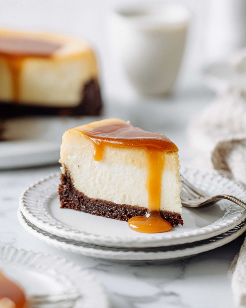 A single slice of cheesecake sits on a white plate with a scalloped edge, showing three layers: a thick dark brown crumbly base, a thick creamy off-white middle filling with a smooth texture, and a shiny golden caramel sauce dripping down the side and pooling on the plate. The background is a white marbled surface, with a blurred white drink and fork behind the plate, and a soft focus on another cheesecake slice in the foreground. Photo taken with an iphone --ar 4:5 --v 7