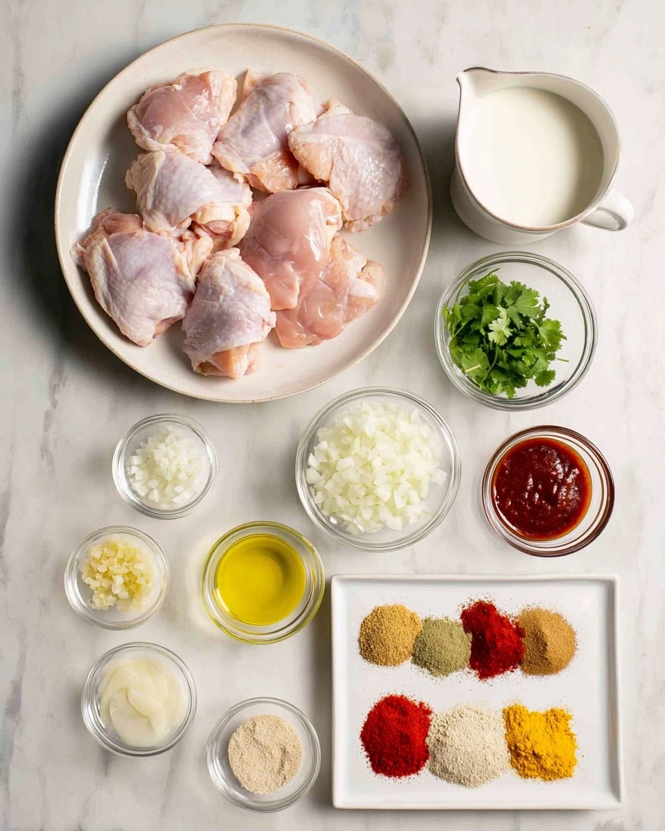 In the image, there is one large white plate at the top left filled with seven pieces of raw pink chicken thighs. To the right, there is a white pouring bowl with a white creamy liquid inside. Below it, towards the center right, sits a small clear glass bowl with green fresh cilantro leaves. Beneath the chicken plate, a small white bowl contains diced white onions. Next to it, a clear glass bowl holds a light beige powder. Near the right, another clear small glass bowl has a white creamy liquid. At the bottom left, there are two tiny clear glass bowls with finely minced yellow garlic and ginger respectively. To their right is a small clear glass bowl filled with pale yellow oil. The bottom part of the image shows a rectangular white plate with seven colorful spices arranged neatly in small piles, including brown, yellow, red, and beige powders. To the far right, a small round clear bowl contains thick dark red tomato paste. All of this is set on a white marbled surface photo taken with an iphone --ar 4:5 --v 7