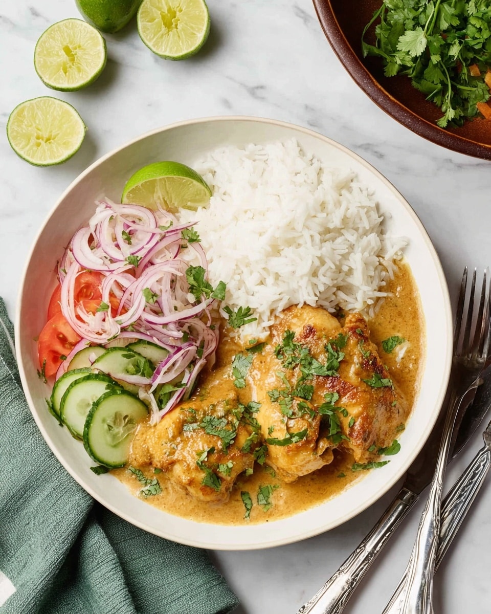 A white plate holds a meal with three layers: on the right side, two pieces of golden-brown cooked chicken sit in a thick light brown sauce with green cilantro leaves scattered on top; at the top right, there is a mound of white fluffy rice; on the left side, there is a fresh salad with thin rings of white and purple onions, chopped cucumber, and red tomato pieces mixed together, garnished with green cilantro leaves and a wedge of lime resting next to it. The plate is set on a white marbled surface with a silver fork and knife placed below it, and a green cloth napkin and halved lime pieces sit in the upper left corner. Photo taken with an iphone --ar 4:5 --v 7