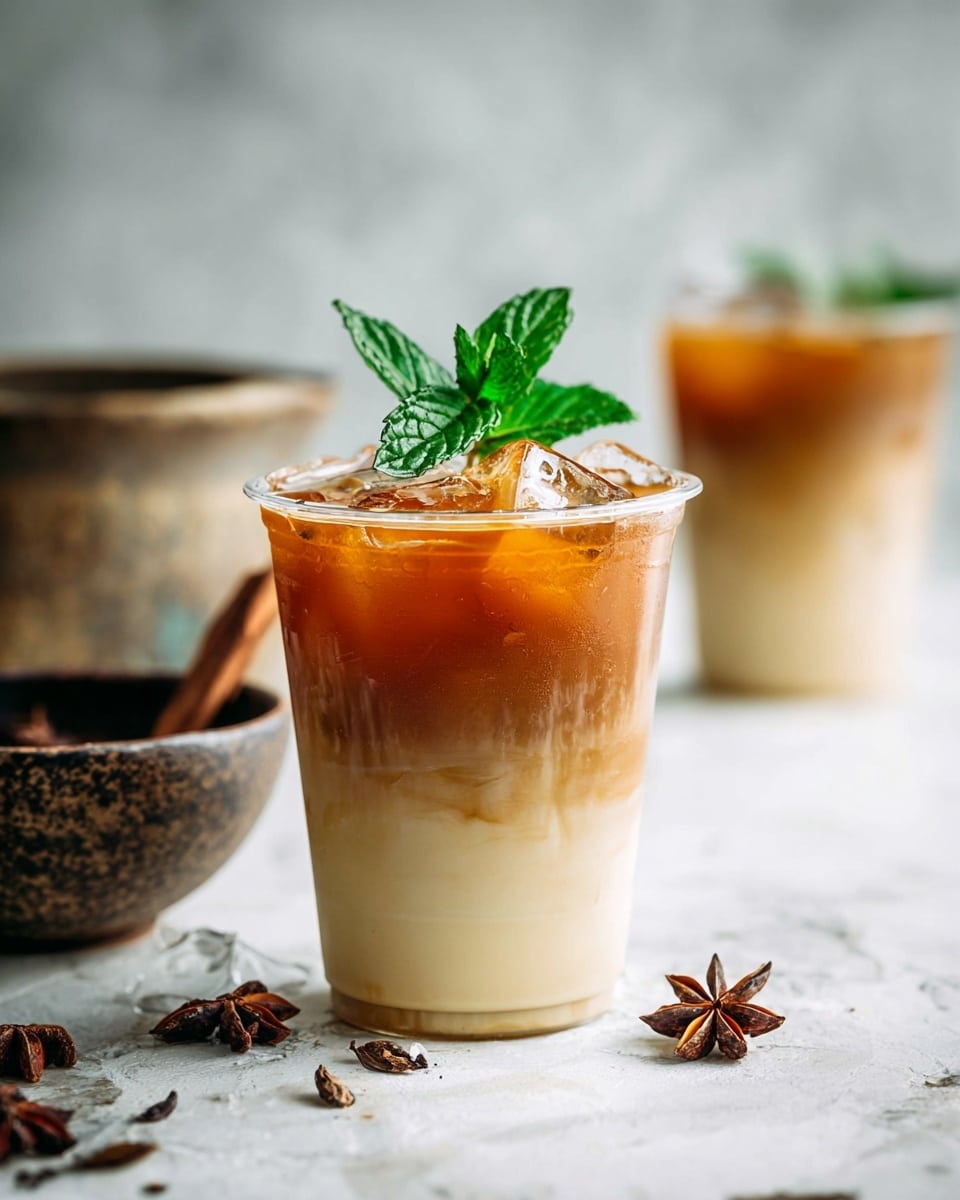 A clear plastic cup filled with three visible layers: the bottom layer is light creamy beige, the middle layer is a smooth, slightly darker beige, and the top layer is a rich amber with ice cubes floating inside. On top of the drink, a small bunch of fresh green mint leaves stands up. The cup is placed on a white marbled surface scattered with star anise, and out of focus in the background are another similar cup and rustic bowls. Photo taken with an iphone --ar 4:5 --v 7