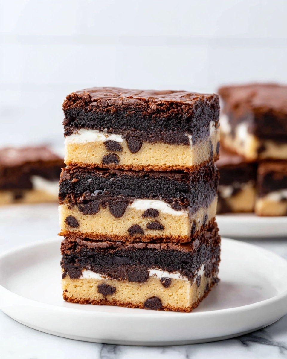 The image shows a stack of three layered dessert bars on a white plate, placed on a white marbled surface. Each bar has three distinct layers: the bottom layer is light brown with chocolate chips embedded; the middle layer is a dark chocolate cookie with a visible white cream filling; the top layer is a rich dark brown brownie with a slightly cracked texture. The bars are neatly stacked, showing the layers clearly in a vertical cross-section. In the blurred background, more dessert bars rest on a white plate. Photo taken with an iphone --ar 4:5 --v 7