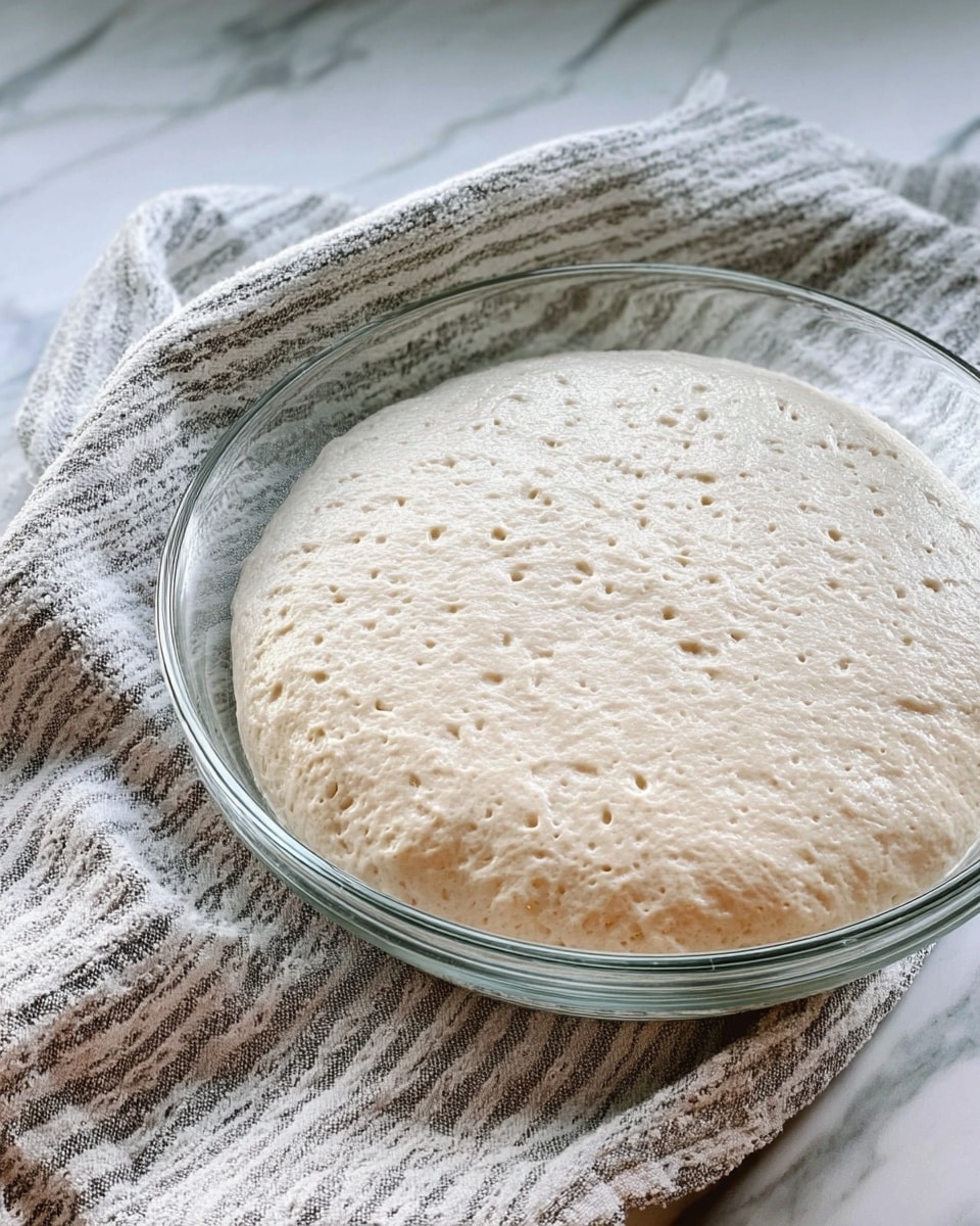 A clear glass bowl contains one thick, pale dough layer that looks soft and slightly bubbly, filling about half the bowl. The bowl sits on a striped cloth napkin, all placed on a white marbled surface. The dough has a spongy texture with small air bubbles on its smooth surface. Photo taken with an iphone --ar 4:5 --v 7