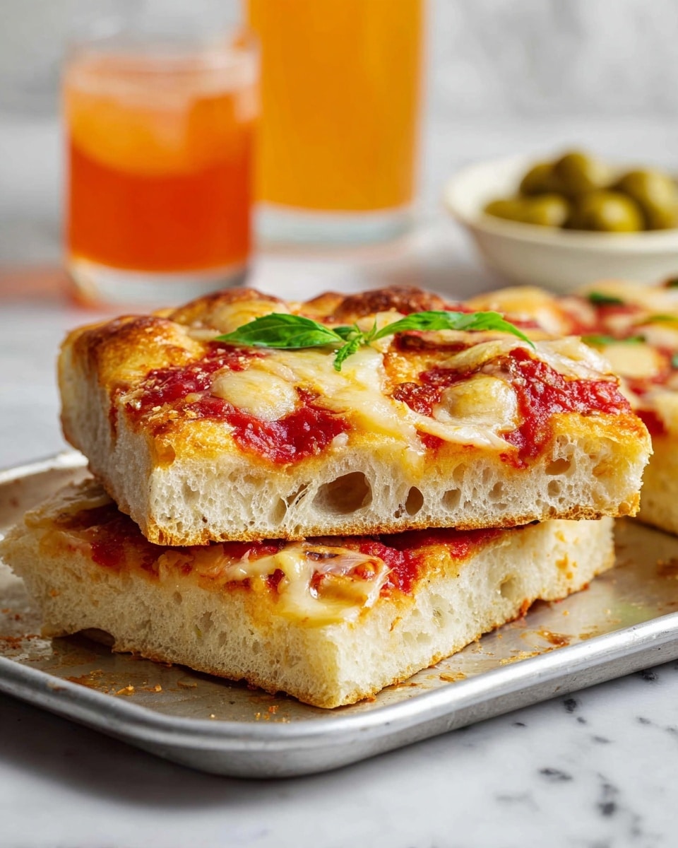 The image shows two square slices of thick focaccia pizza stacked on top of each other on a metal tray. Each slice has three layers: a thick, airy, light golden-brown bread base with visible holes and soft texture, a middle layer of bright red tomato sauce spread evenly, and a top layer of melted creamy yellow cheese with small browned spots and a slight shine. There are a few fresh green basil leaves on the top slice. The background features a blurred white marbled surface with an out-of-focus orange drink and a white dish with green olives. Photo taken with an iphone --ar 4:5 --v 7