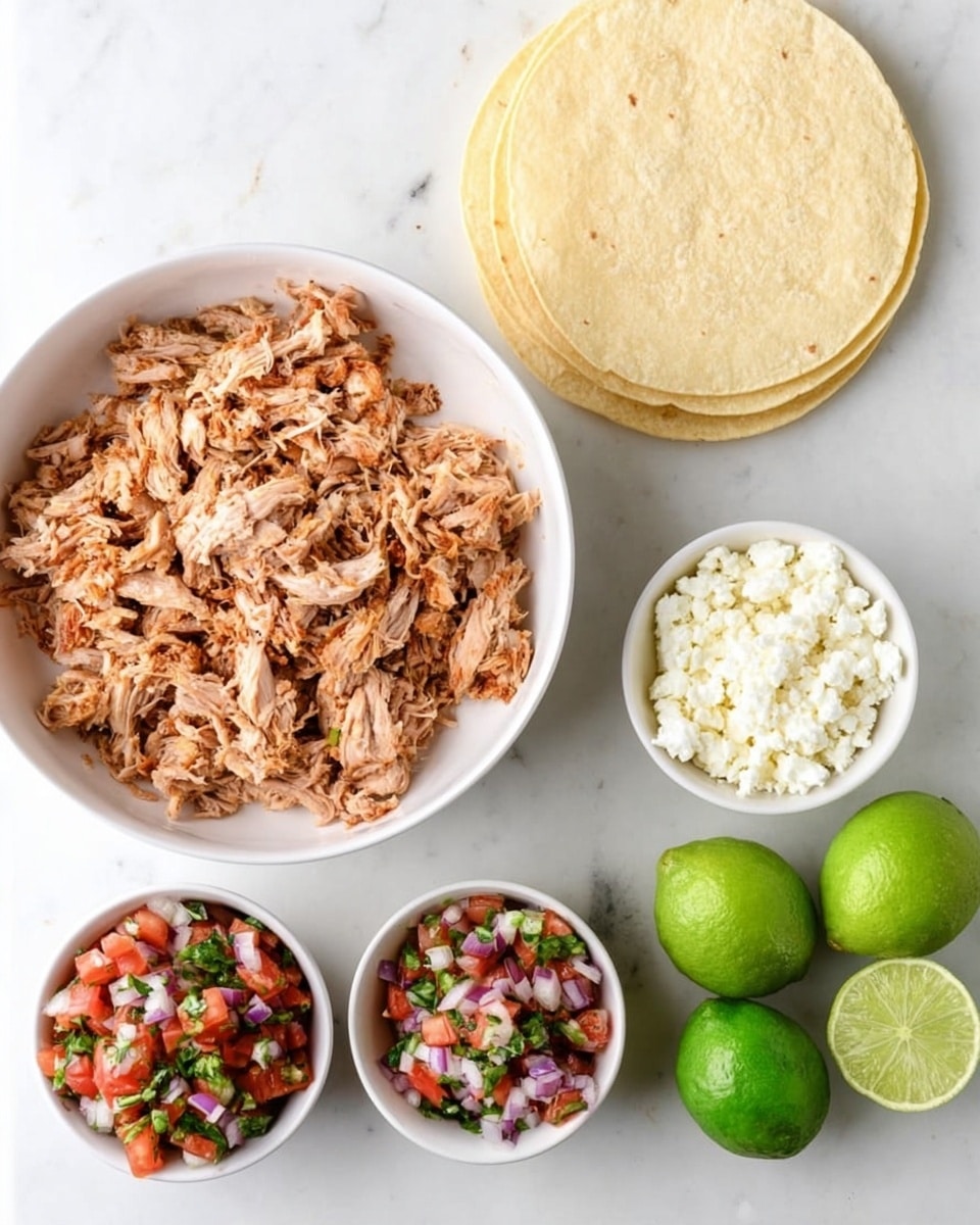 The image shows a top view of ingredients for making tacos on a white marbled surface. In the upper left, there is a white bowl filled with shredded cooked meat that is light brown with a slightly moist texture. To the right, there is a neat stack of pale yellow corn tortillas. Below the meat, two small white bowls contain finely chopped salsa with red tomatoes, purple onions, and green herbs in one bowl, and white crumbly cheese in the other. At the bottom right, there are three whole green limes and one lime cut in half showing its juicy, light green interior. The setup creates a fresh, colorful, and inviting look. Photo taken with an iphone --ar 4:5 --v 7