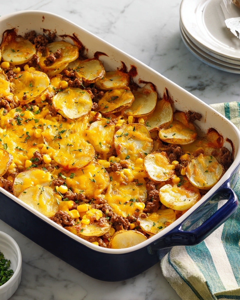 A white baking dish with dark blue handles holds a layered casserole. The bottom layer is thinly sliced golden brown potato rounds arranged along the edges. On top, there is a layer of browned ground meat mixed with yellow corn kernels. The meat and corn are covered with melted yellow-orange cheese that spreads evenly, sprinkled with small green herb pieces. The dish is placed on a white marbled surface with a green-striped cloth nearby. Photo taken with an iphone --ar 4:5 --v 7