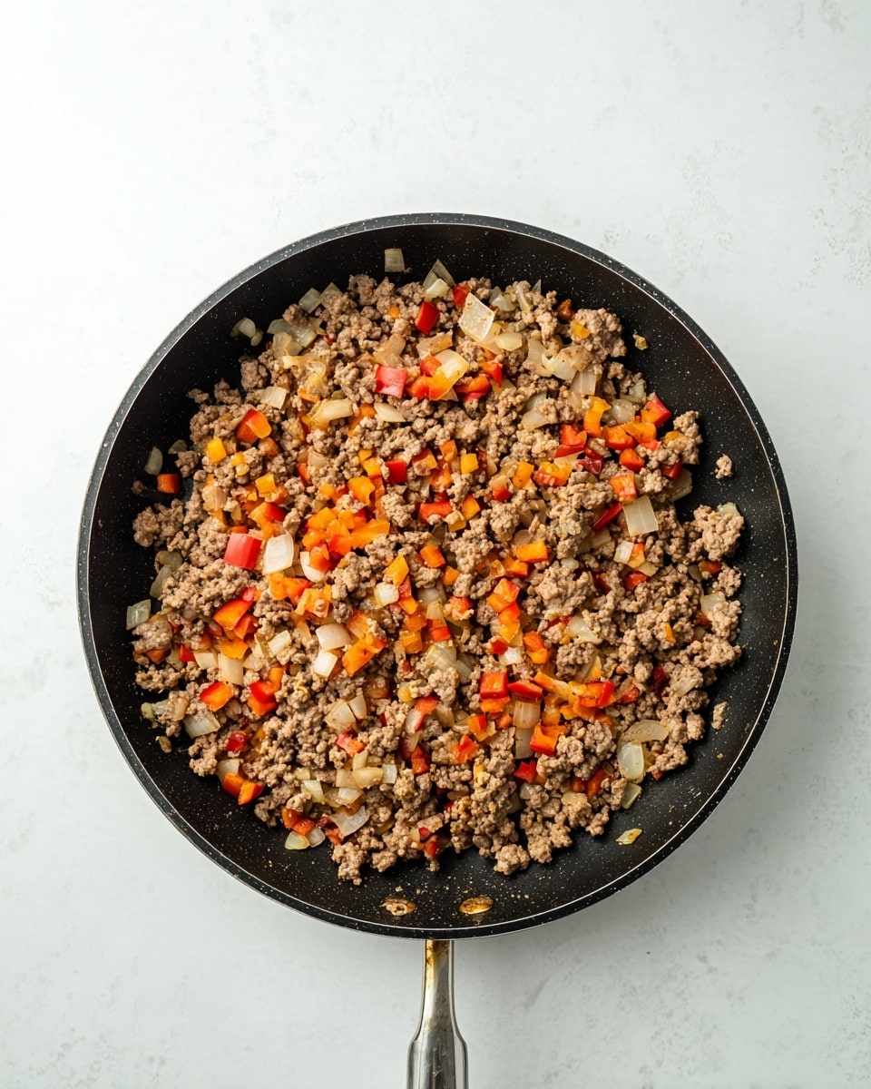 A top view of a black frying pan with cooked ground meat mixed with diced white onions and small chunks of orange and red bell peppers, all evenly spread inside the pan. The pan is placed on a white marbled texture surface, and the metal handle extends downward from the pan. The ingredients have a crumbly texture with soft, slightly shiny vegetable pieces scattered through the brown meat. Photo taken with an iphone --ar 4:5 --v 7
