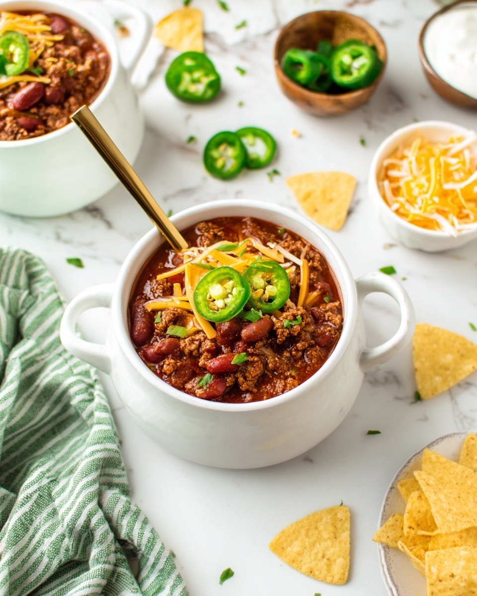 The image shows a white bowl with two handles filled with chili, placed on a white marbled surface. The chili has a chunky texture with red beans, diced tomatoes, and brown meat with a deep red sauce. On top, there are thin melted orange cheese strips and a few bright green jalapeño slices. A gold spoon rests inside the bowl. Around the bowl, there are slices of fresh jalapeño, yellow tortilla chips, and small white dishes holding shredded cheese and creamy white sauce. A white bowl with the same chili is visible in the background. A green and white striped cloth is at the bottom left corner. photo taken with an iphone --ar 4:5 --v 7