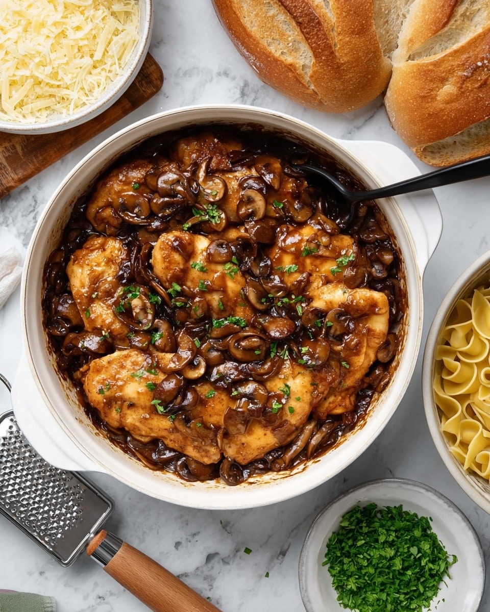 A white round pot holds pieces of light golden chicken layered with dark brown cooked mushrooms and onions on top, all covered in a glossy brown sauce, with a black spoon resting on the side. Surrounding the pot is a round loaf of crusty bread with a golden-brown crust in the top right corner, a bowl of yellow cooked pasta in the bottom right, and a small white bowl of bright green chopped herbs below the pot. A metal grater with a wooden handle and some grated cheese pieces lie on the white marbled surface around the dishes photo taken with an iphone --ar 4:5 --v 7