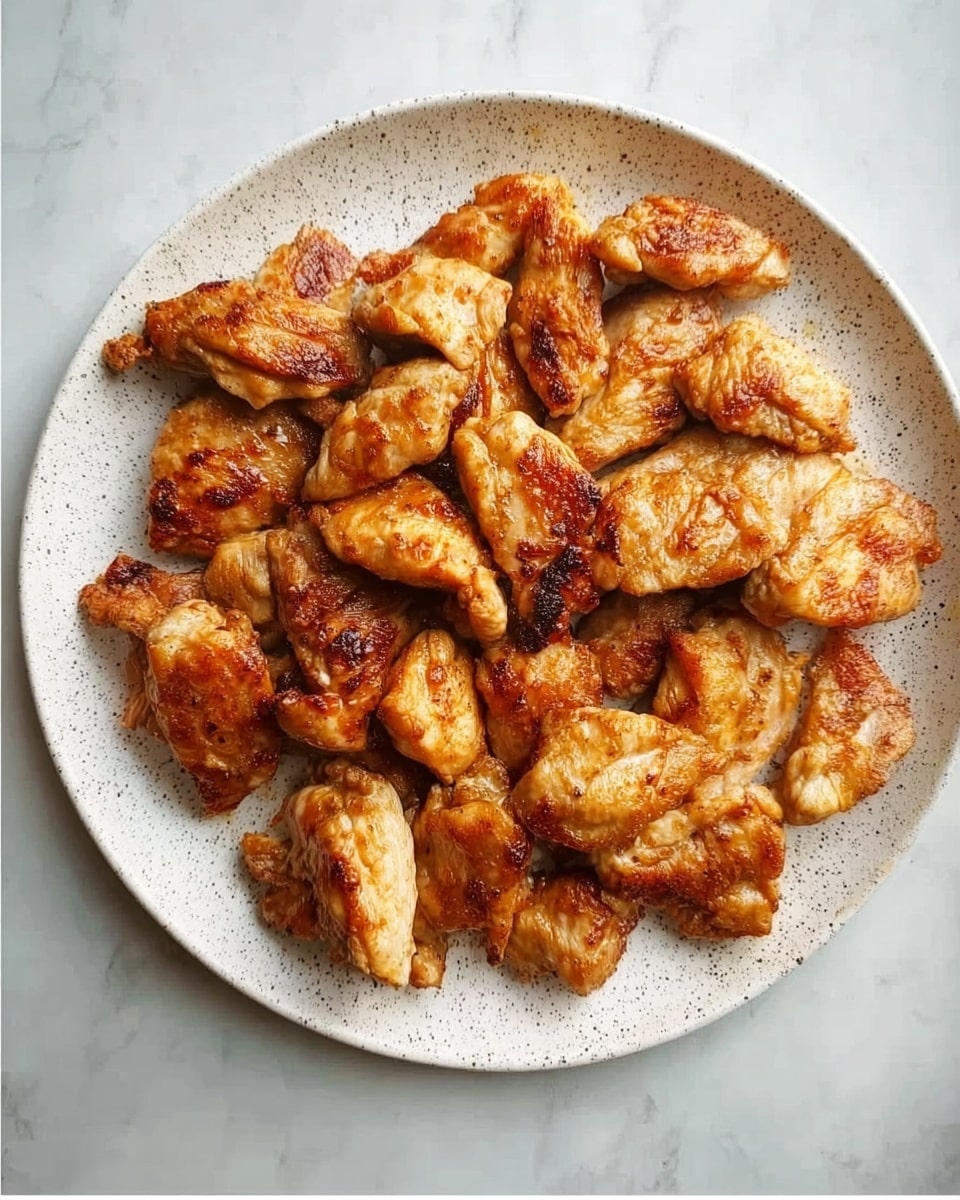 A white speckled plate holds a generous pile of golden-brown cooked chicken pieces. Each piece shows a slightly crispy texture with varied shapes and sizes, and the chicken has a rich caramel color from cooking. The plate is placed on a white marbled textured surface. photo taken with an iphone --ar 4:5 --v 7