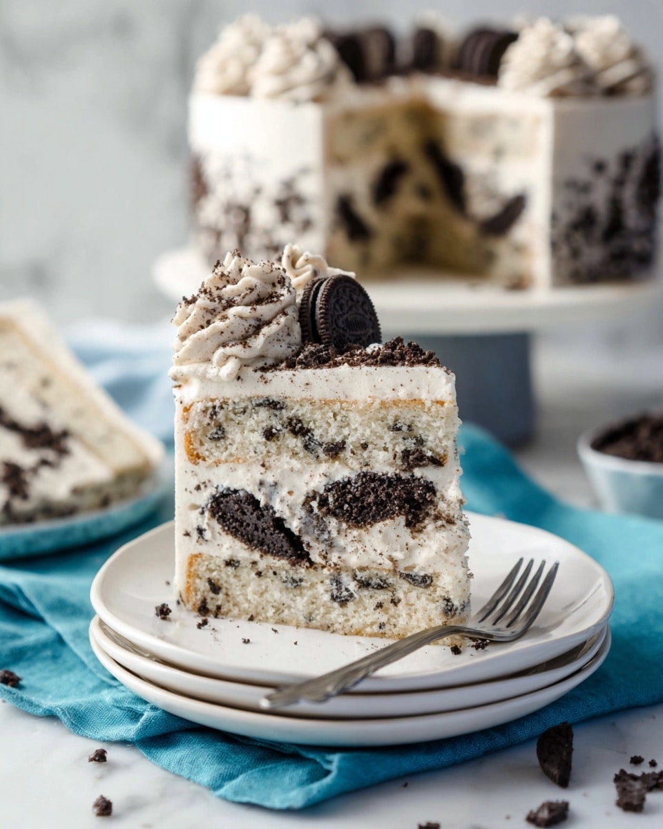 A slice of three-layer cookies and cream cake sits on a stack of white plates with a silver fork resting beside it. Each layer is light-colored cake embedded with large dark cookie pieces, separated by thin layers of white frosting. The top of the slice is decorated with a swirl of cookies and cream frosting that is speckled with dark cookie crumbs. Around the plates is a bright blue cloth, and in the background, there is a full cake with the same frosting swirls on a white marbled surface. Photo taken with an iphone --ar 4:5 --v 7