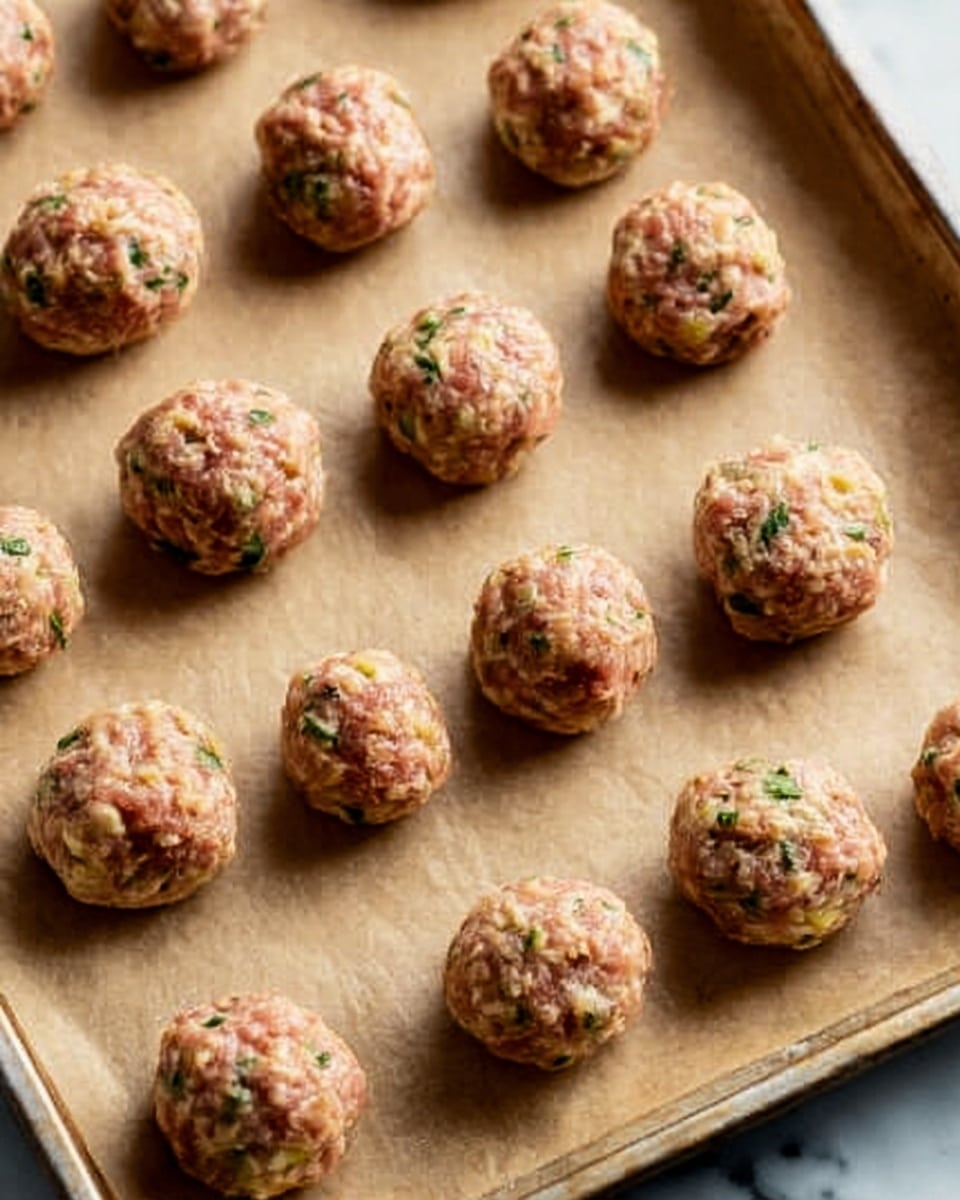 The image shows a baking tray covered with brown parchment paper, placed on a white marbled surface. On the tray, there are 19 round raw meatballs arranged in rows. The meatballs have a slightly rough texture with visible bits of green herbs and small pieces of other ingredients mixed inside, giving them a speckled look with light and dark pinkish-brown tones. The tray fills most of the image, and the lighting highlights the fresh and moist appearance of the meatballs. photo taken with an iphone --ar 4:5 --v 7