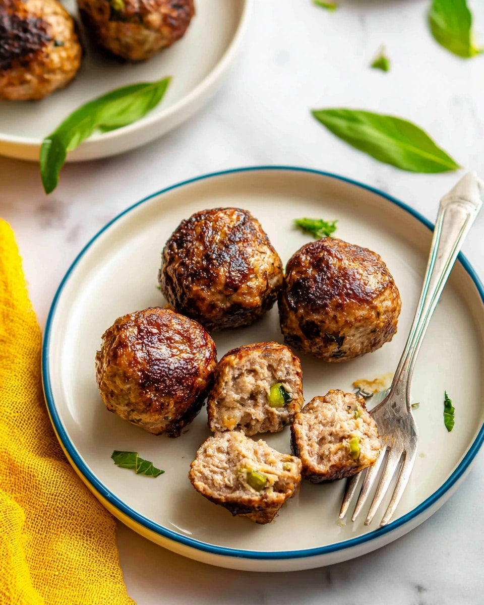 There are five browned meatballs on a white plate with a thin blue rim; one meatball is cut open, showing an inside texture with small green vegetable bits. A silver fork is placed next to the meatballs on the right side of the plate. In the background, part of another white plate with more meatballs is slightly visible on a white marbled surface. A couple of green leaves are scattered around the plates, and there is a yellow cloth partially visible at the bottom left corner. Photo taken with an iphone --ar 4:5 --v 7