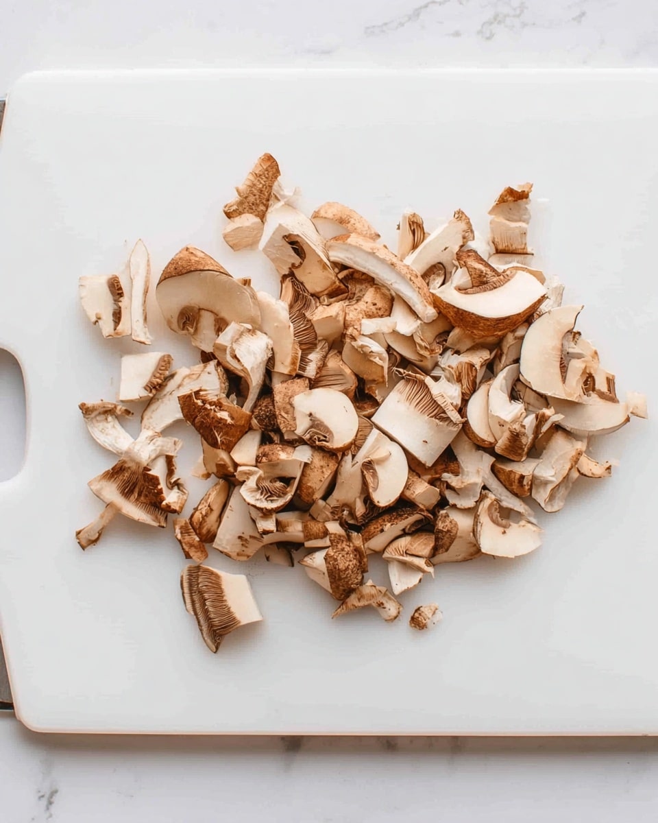 This image shows many small pieces of brown mushrooms piled in the middle of a plain white cutting board. The mushrooms have a light beige inside with darker brown on the outside, showing soft, smooth textures and a slightly shiny surface. The white cutting board is placed on a white marbled surface, giving a clean and simple look. The pile of mushrooms is spread out unevenly, revealing different shapes and sizes with some pieces showing stems and caps clearly. Photo taken with an iphone --ar 4:5 --v 7