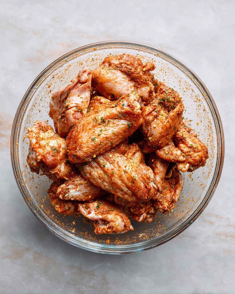 A clear glass bowl is filled with raw chicken wings, each piece coated with a reddish-brown spice mix. The chicken wings are piled unevenly, showing different shapes and sizes, with the spices giving a textured, rough look on the skin that varies from light to darker shades of red and brown. Small flecks of green herbs are scattered throughout the spice coating. The bowl sits on a white marbled surface, with a soft light enhancing the colors and textures of the wings. photo taken with an iphone --ar 4:5 --v 7