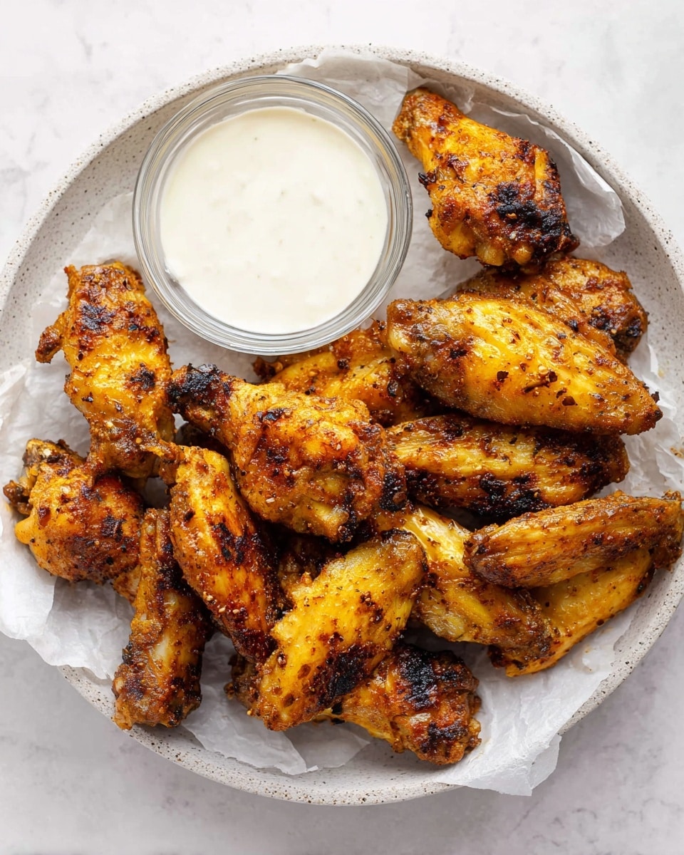 A white round plate lined with white parchment paper holds a pile of golden brown chicken wings, each wing showing crispy, slightly charred spots with a textured mix of spices visible on the surface. The wings are arranged in a loose circle around a small clear glass bowl filled with smooth white dipping sauce positioned on the left side of the plate. The plate rests on a white marbled surface, enhancing the color contrast and making the wings look warm and inviting. photo taken with an iphone --ar 4:5 --v 7
