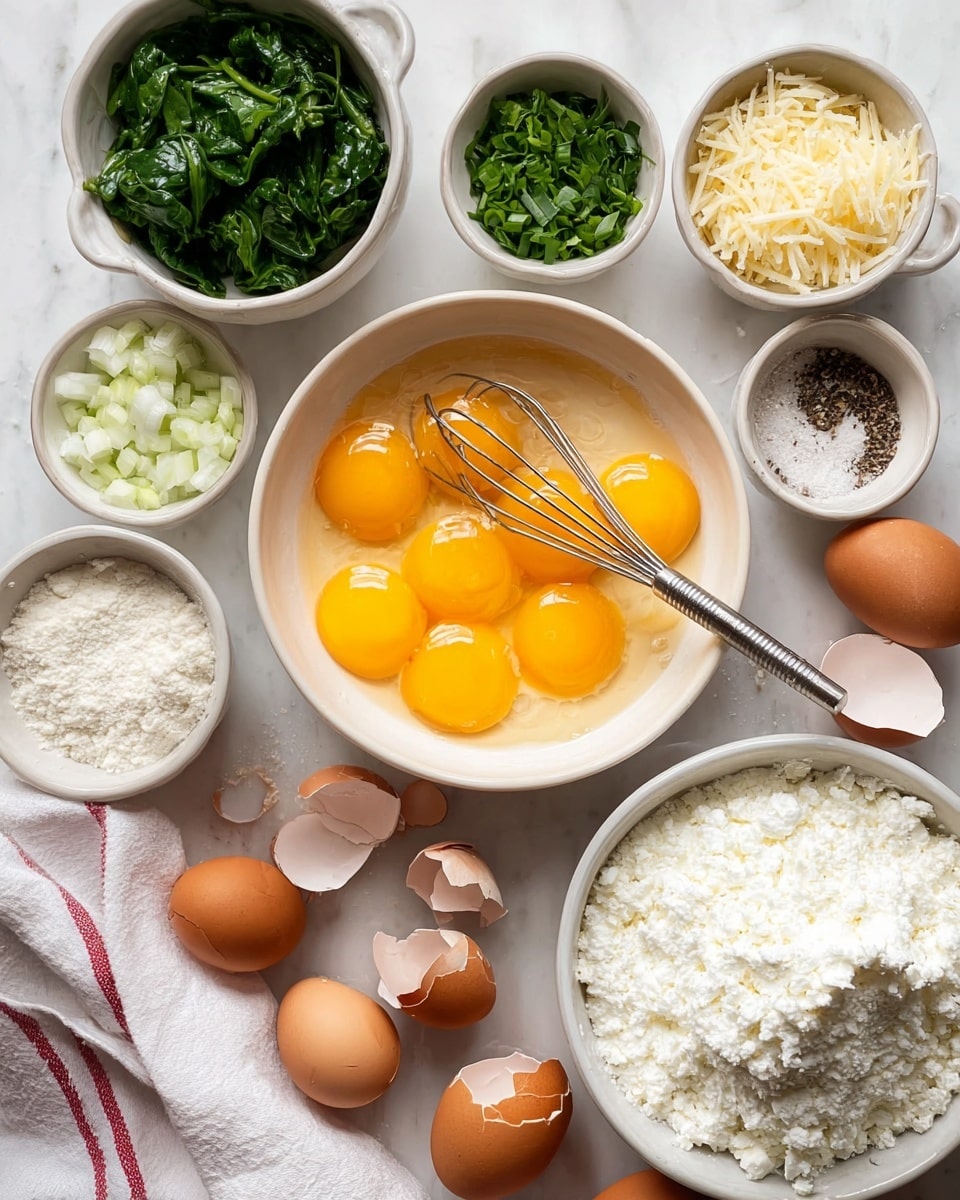 The image shows a white bowl in the center filled with eight whole raw egg yolks and whites, with a metal whisk resting inside. Surrounding this bowl are several small white bowls with chopped green herbs, white diced onions, and chopped spinach with dark green leafy texture. There is a smaller bowl with fine white powder, another with coarse salt and black pepper, a bowl of shredded pale cheese, and a large white bowl filled with a soft, white cottage cheese-like substance. Cracked brown eggshells are scattered on a white marbled surface, along with a white cloth with thin red stripes. Photo taken with an iphone --ar 4:5 --v 7