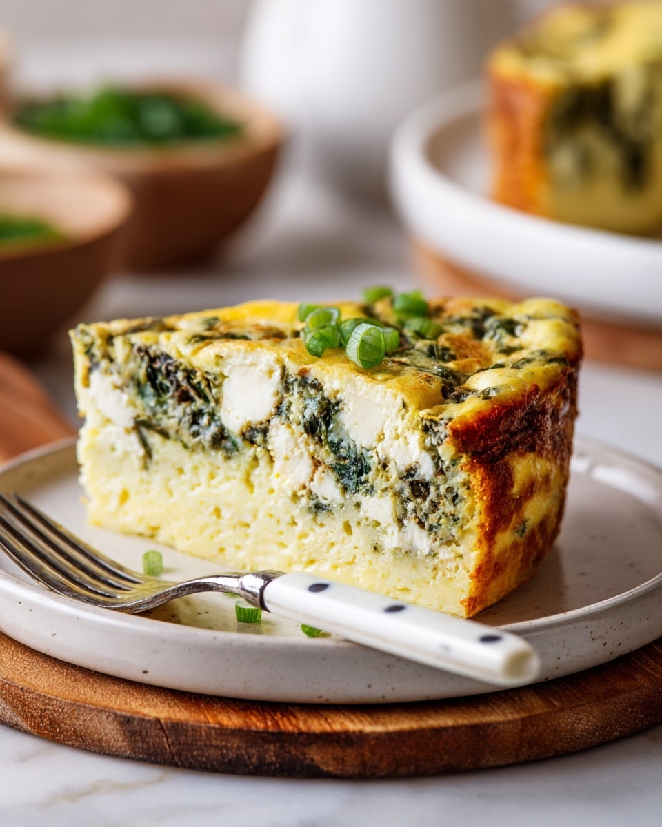 A thick slice of egg bake sits on a white plate, resting on a wooden board with a white marbled texture background. The egg bake has two main layers: the bottom layer is a light yellow, fluffy and smooth egg base, while the top layer is filled with green leafy vegetables and chunks of white cheese mixed with more egg. The top surface is golden brown with melted cheese and scattered green onion slices adding texture. A fork with a white handle and gray dots is placed on the plate next to the slice, and blurred bowls with green ingredients are visible in the background. Photo taken with an iphone --ar 4:5 --v 7